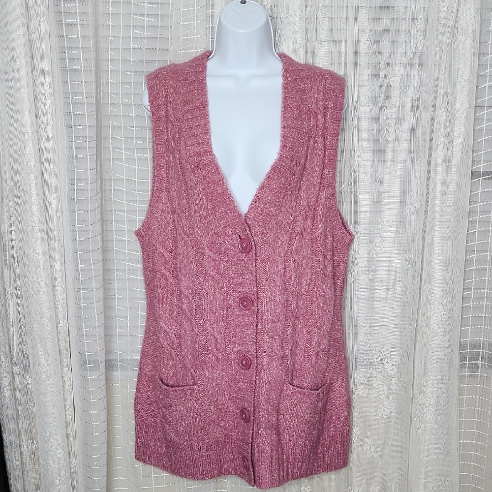 Pink L.L. Bean Vintage Cable Knit Sweater Vest Tunic Women's Wool Blend SzL